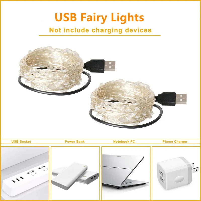 USB Led Fairy Lights Copper Wire String 20M 200LED Holiday Outdoor Lamp