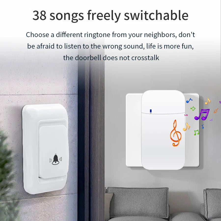 Outdoor Wireless Doorbell US/EU Plug 38 Ringtones Melodies Waterproof 150m Range House