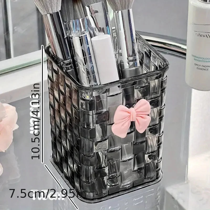 Durable Clear Acrylic Desk Organizer with Bow Accent PMMA Pen Holder and Storage Basket for Office Supplies Pens and Accessories