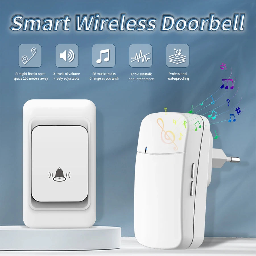 Outdoor Wireless Doorbell US/EU Plug 38 Ringtones Melodies Waterproof 150m Range House