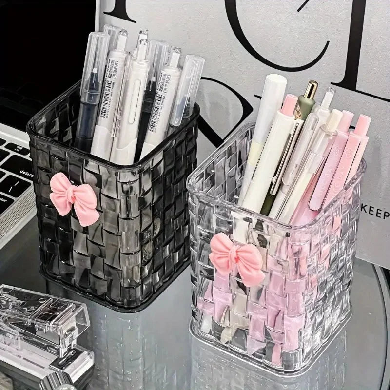 Durable Clear Acrylic Desk Organizer with Bow Accent PMMA Pen Holder and Storage Basket for Office Supplies Pens and Accessories