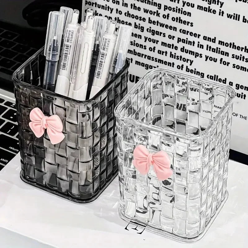 Durable Clear Acrylic Desk Organizer with Bow Accent PMMA Pen Holder and Storage Basket for Office Supplies Pens and Accessories