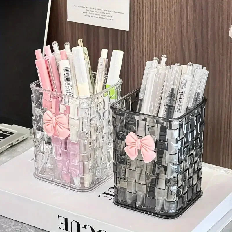 Durable Clear Acrylic Desk Organizer with Bow Accent PMMA Pen Holder and Storage Basket for Office Supplies Pens and Accessories